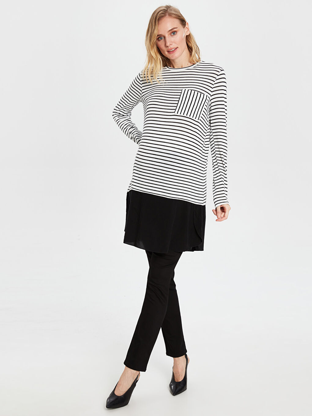 Siyah Hamile Cep Detaylı Çizgili Tunik-2