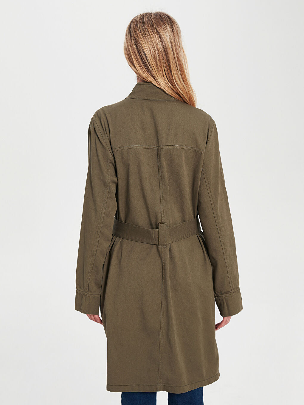 Haki Dik Yaka Kuşaklı Uzun Kollu Kadın İnce Mont-2