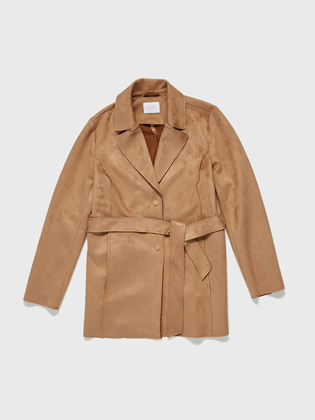 Bej Gömlek Yaka Uzun Kollu Süet Kadın Deri Görünümlü Mont-1