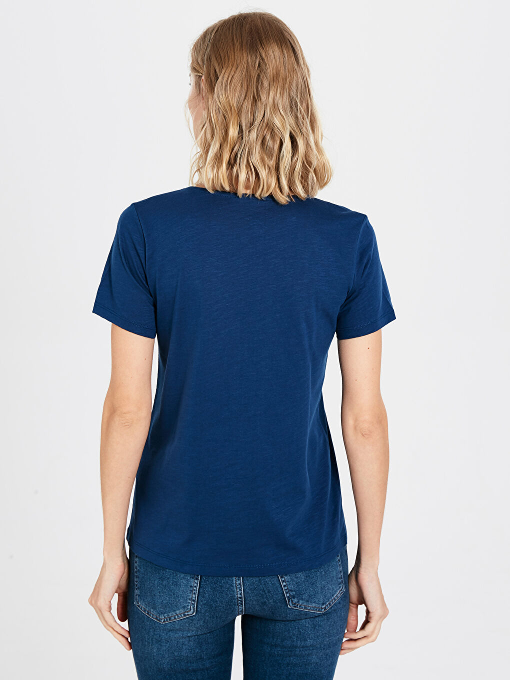 Lacivert Düğme Detaylı Pamuklu Kısa Kollu Kadın Tişört-2