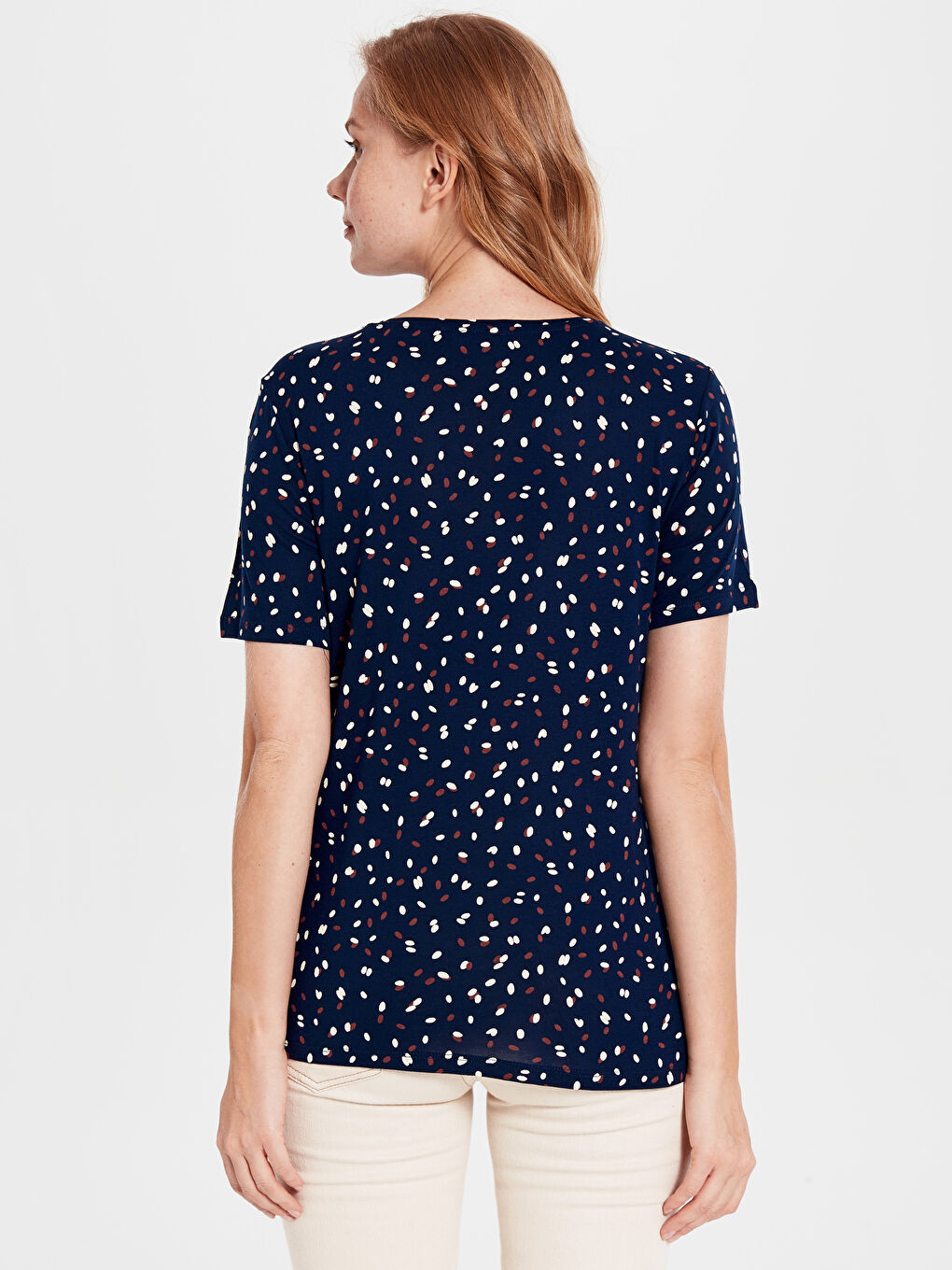 Lacivert Desenli Viskon Kısa Kollu Kadın Tişört-3
