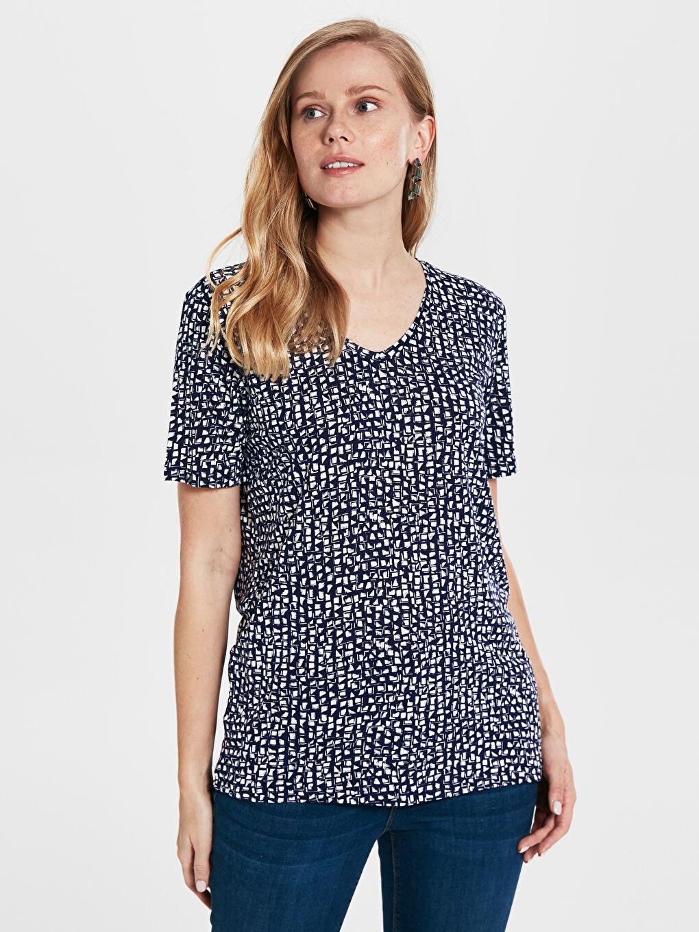 Тениски с Дълъг Ръкав и V-образно Деколте от Вискоза с Принт-1