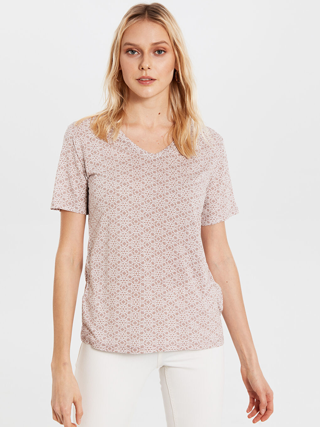 Тениски с Дълъг Ръкав и V-образно Деколте от Вискоза с Принт