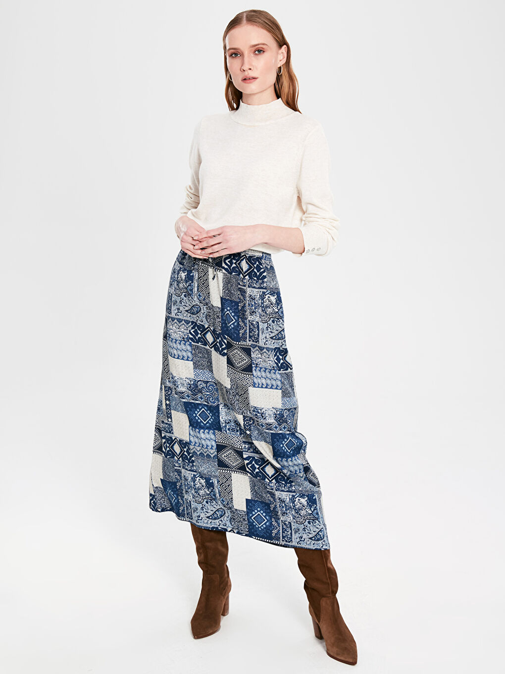 Mavi Beli Lastikli Desenli Uzun Viskon Etek