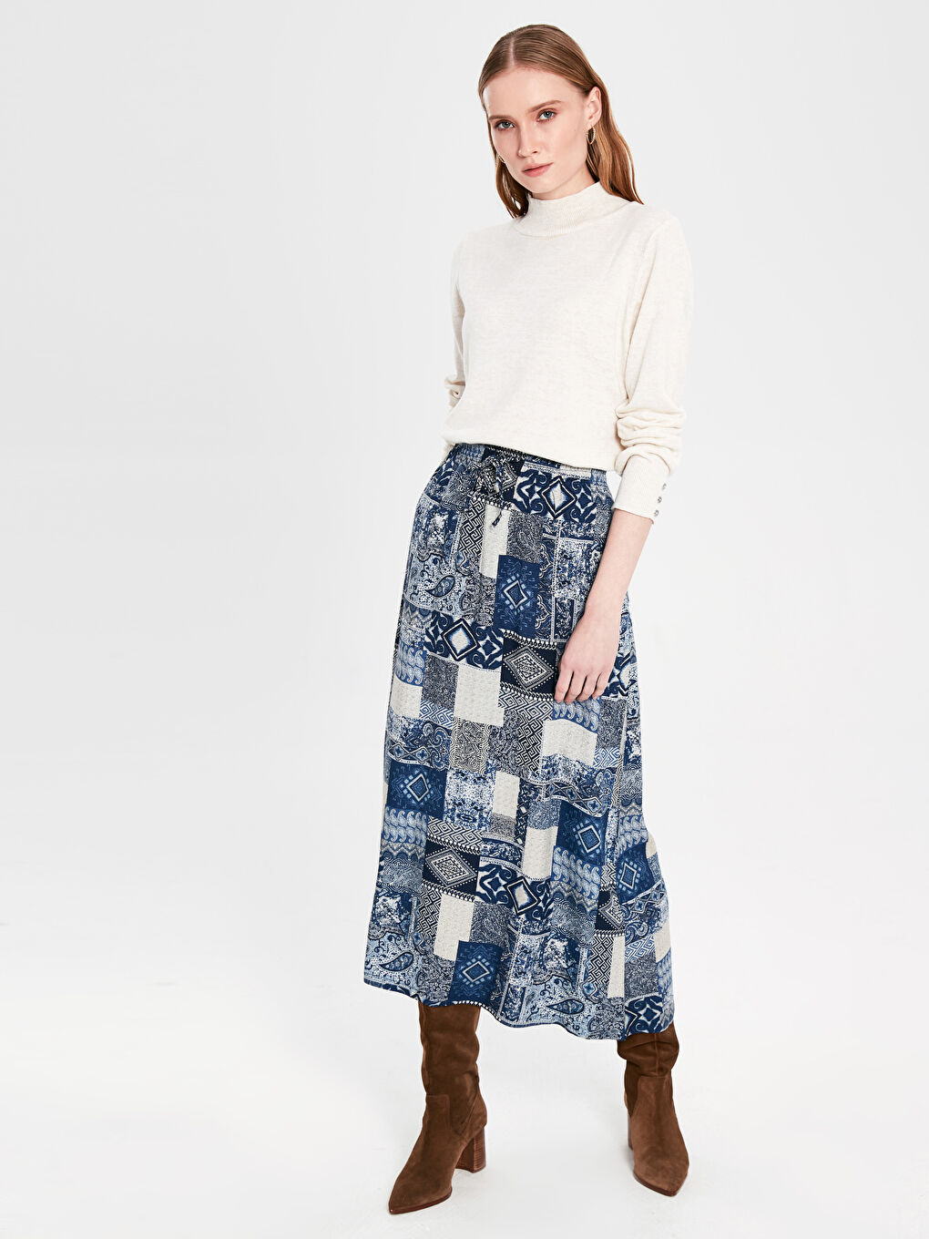 Mavi Beli Lastikli Desenli Uzun Viskon Etek-1