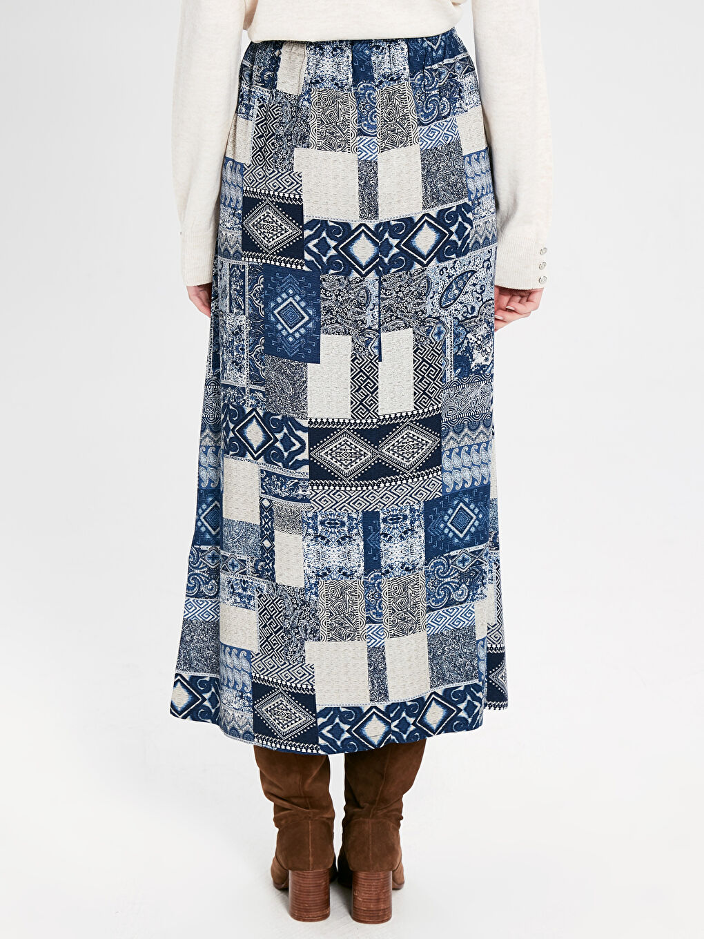 Mavi Beli Lastikli Desenli Uzun Viskon Etek-2