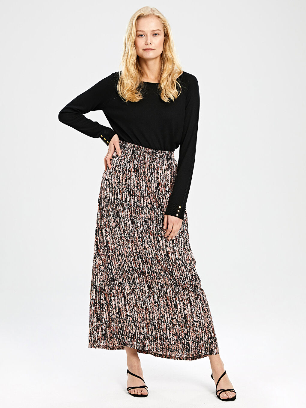 جيبة ماكسي فيسكوز منقوشة بخصر مطاطي-2