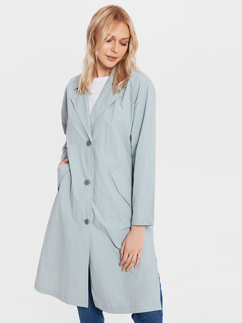 Mavi Ceket Yaka Uzun Kollu Oversize Kadın Trençkot