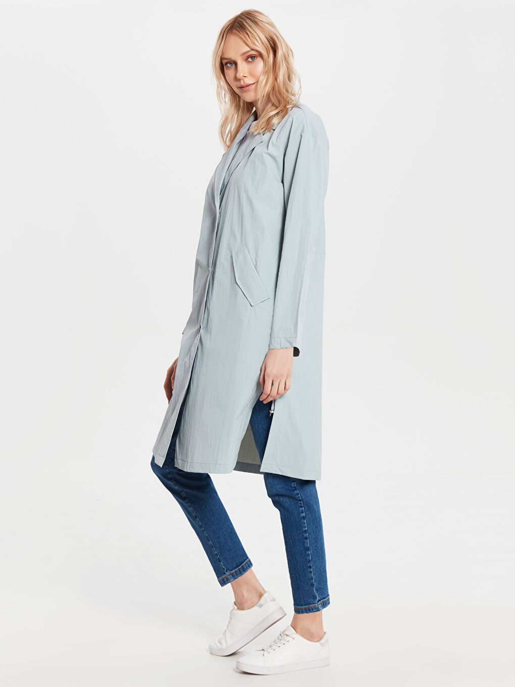 Mavi Ceket Yaka Uzun Kollu Oversize Kadın Trençkot-1