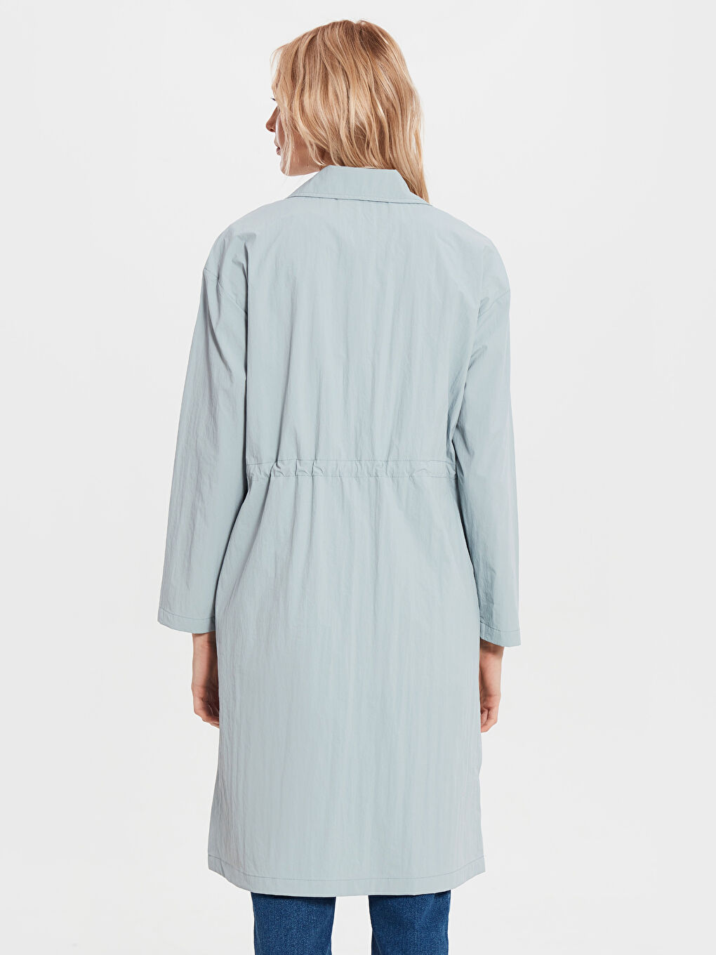 Mavi Ceket Yaka Uzun Kollu Oversize Kadın Trençkot-2