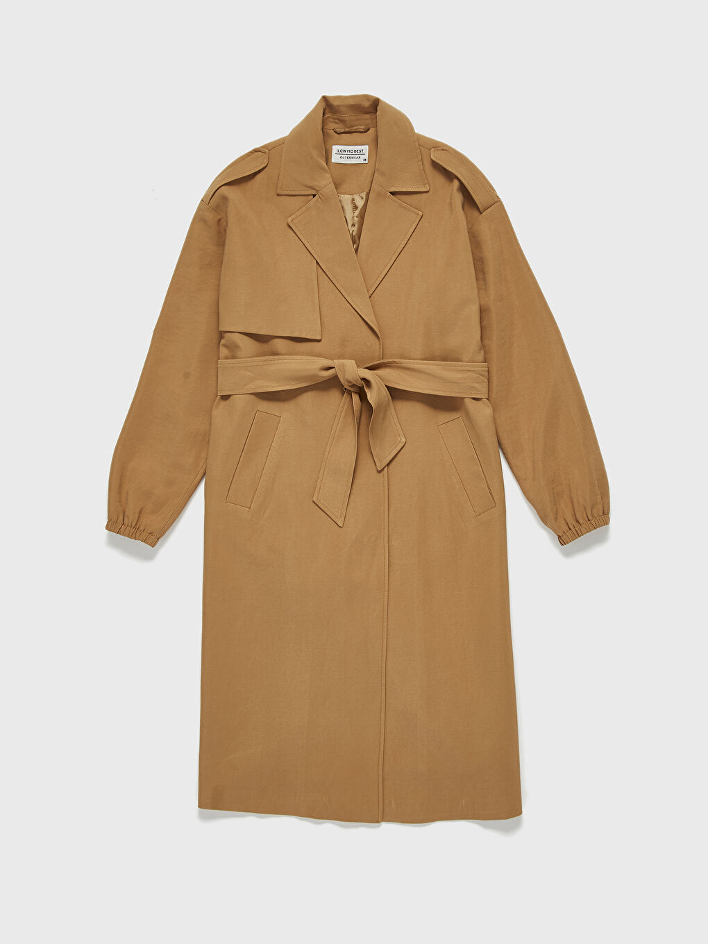 Bej Kuşaklı İnce Uzun Kollu Oversize Kadın Trençkot-4