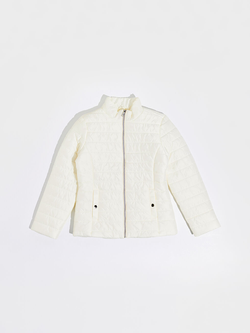 Ekru Uzun Kollu Kadın Dik Yaka Şişme Mont