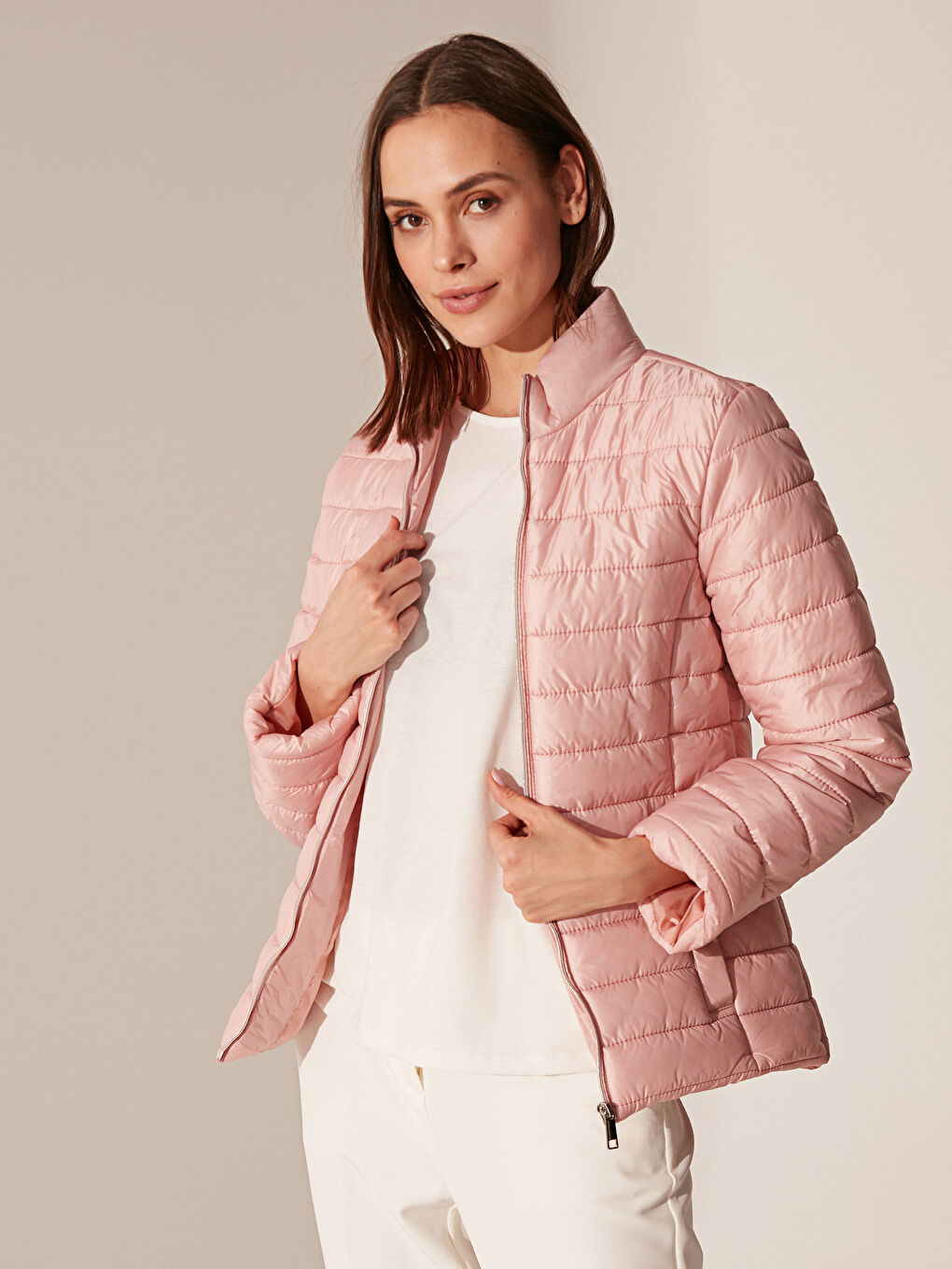 Pembe Uzun Kollu Kadın Dik Yaka Şişme Mont-2