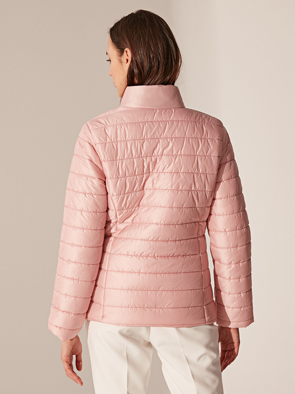 Pembe Uzun Kollu Kadın Dik Yaka Şişme Mont-6