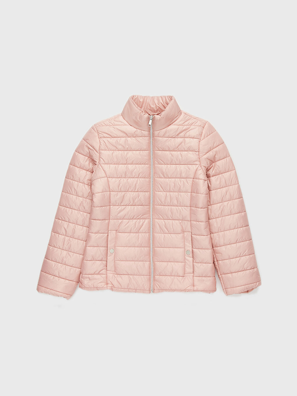 Pembe Uzun Kollu Kadın Dik Yaka Şişme Mont-1