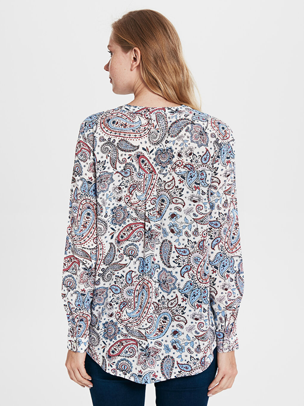 Блузка для жінок з коміром Хенлі, з принтом, довгий рукав, віскоза-2