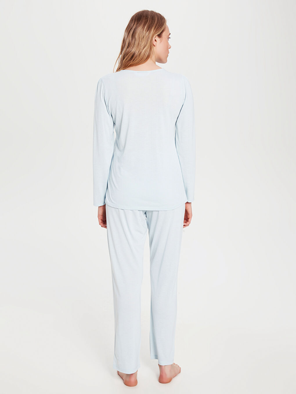 Mavi V Yaka Uzun Kollu Kadın Pijama Takım-4