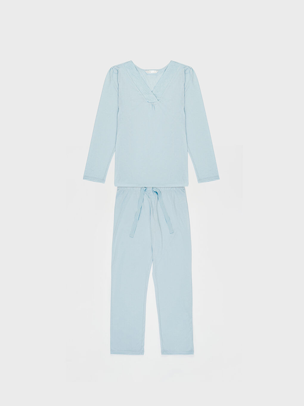 Mavi V Yaka Uzun Kollu Kadın Pijama Takım-1
