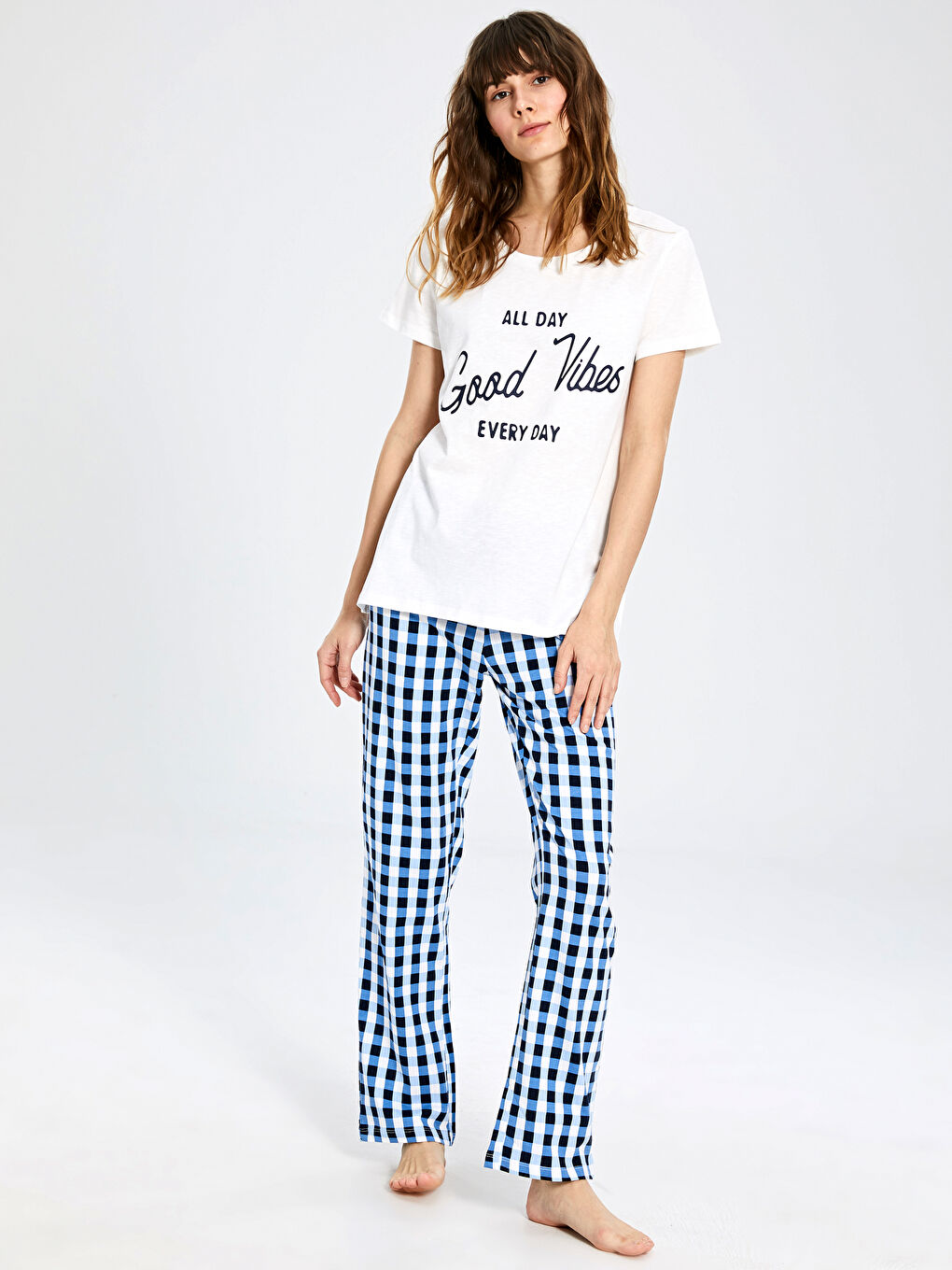 Lacivert Bisiklet Yaka Kısa Kollu Kadın Pijama Takım