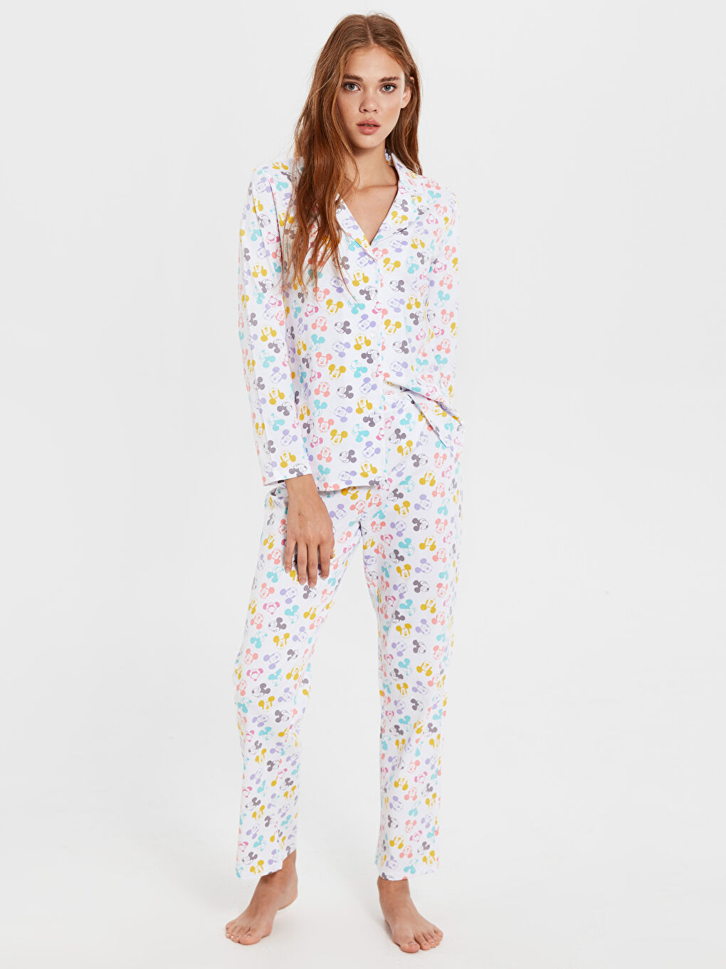 Beyaz Gömlek Yaka Uzun Kollu Kadın Pijama Takım-1