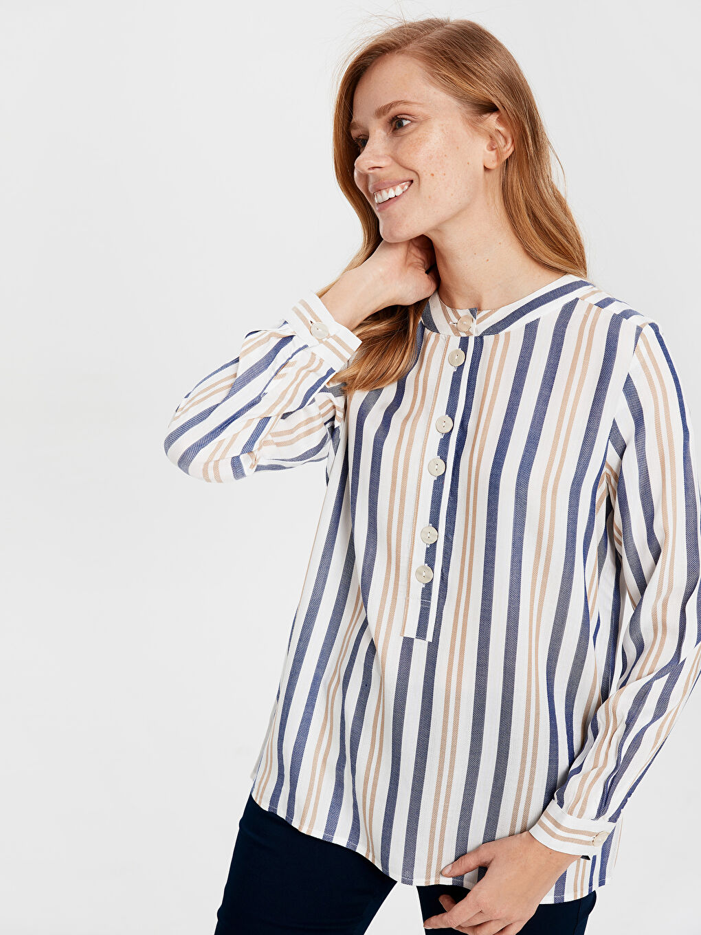 بلوزة ياقة مندرين عادي كم طويل للسيدات-1