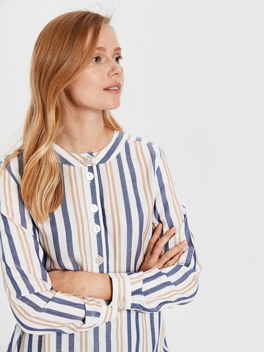 بلوزة ياقة مندرين عادي كم طويل للسيدات-2