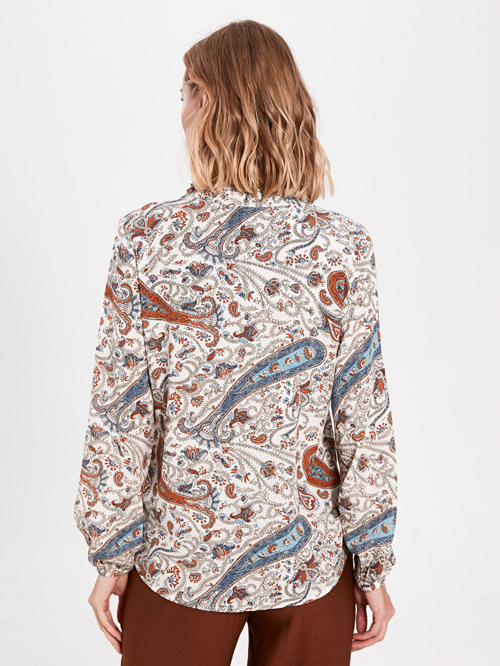 Блузка для жінок з принтом, довгим рукавом, вирізом з зав'язками, віскозою-3