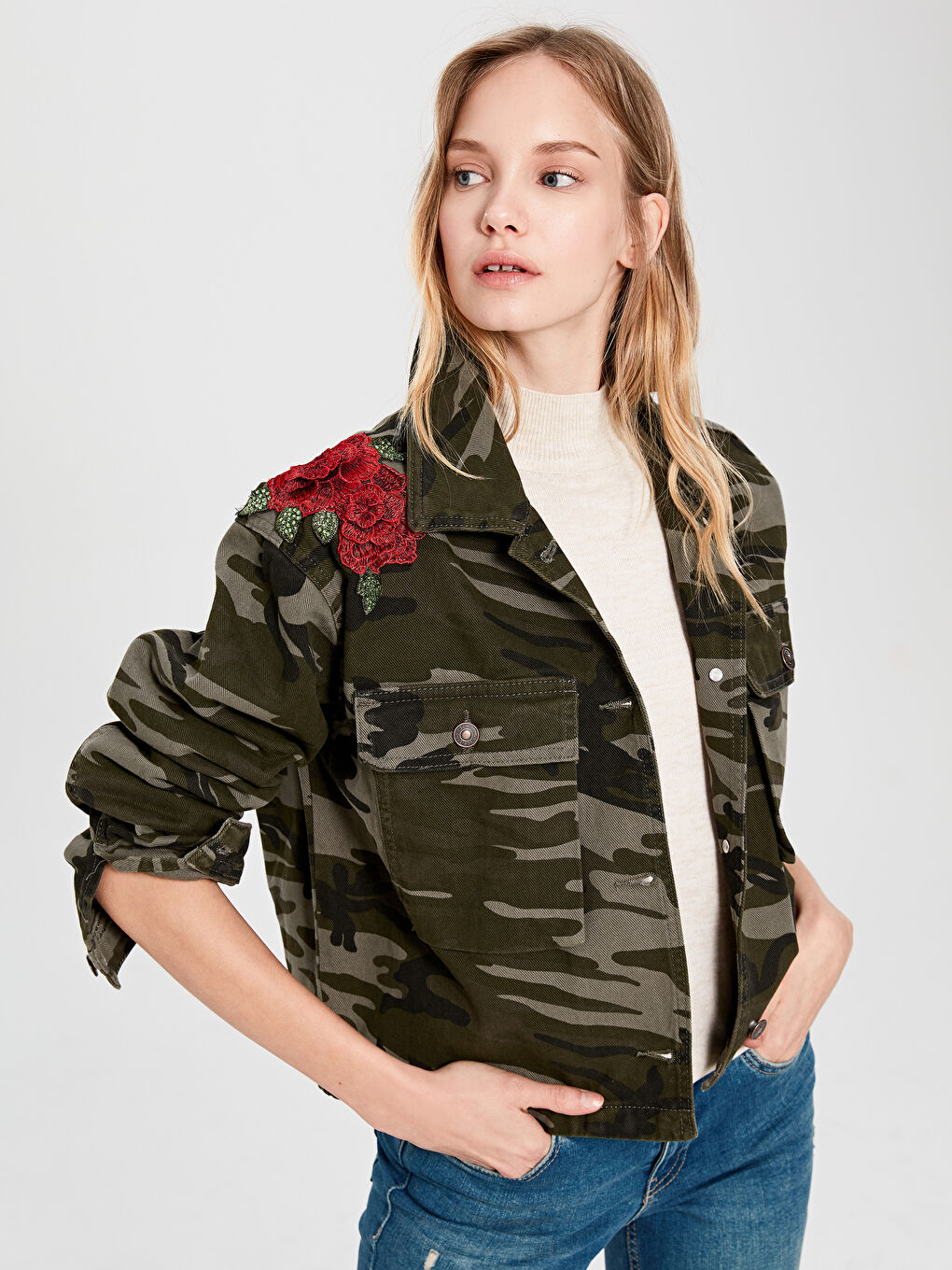 Haki Standart Fit Uzun Kollu Kadın Jean Ceket-1