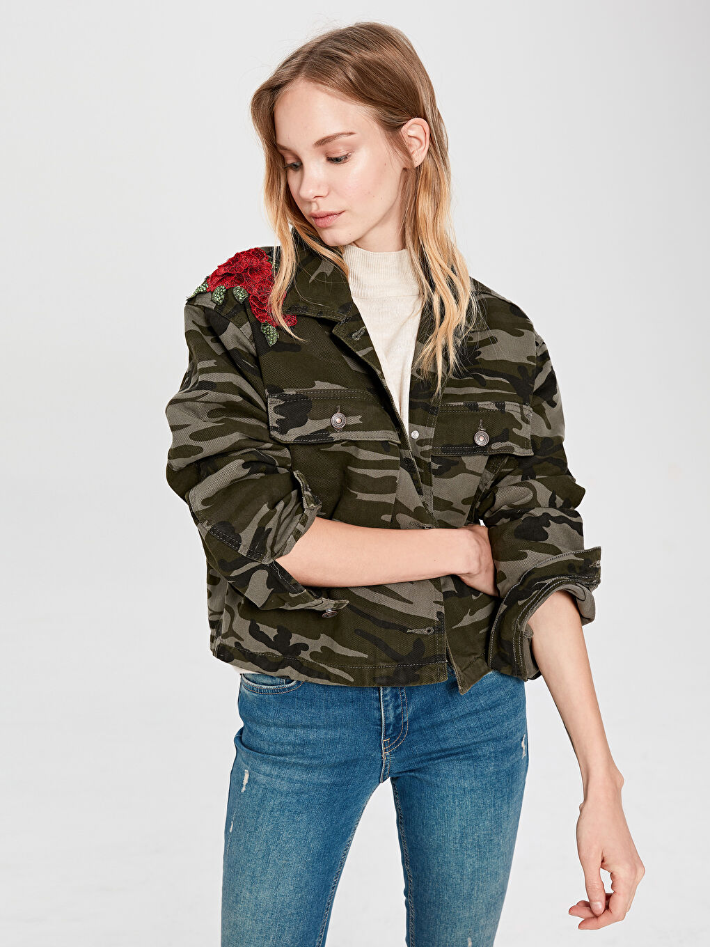 Haki Standart Fit Uzun Kollu Kadın Jean Ceket-2