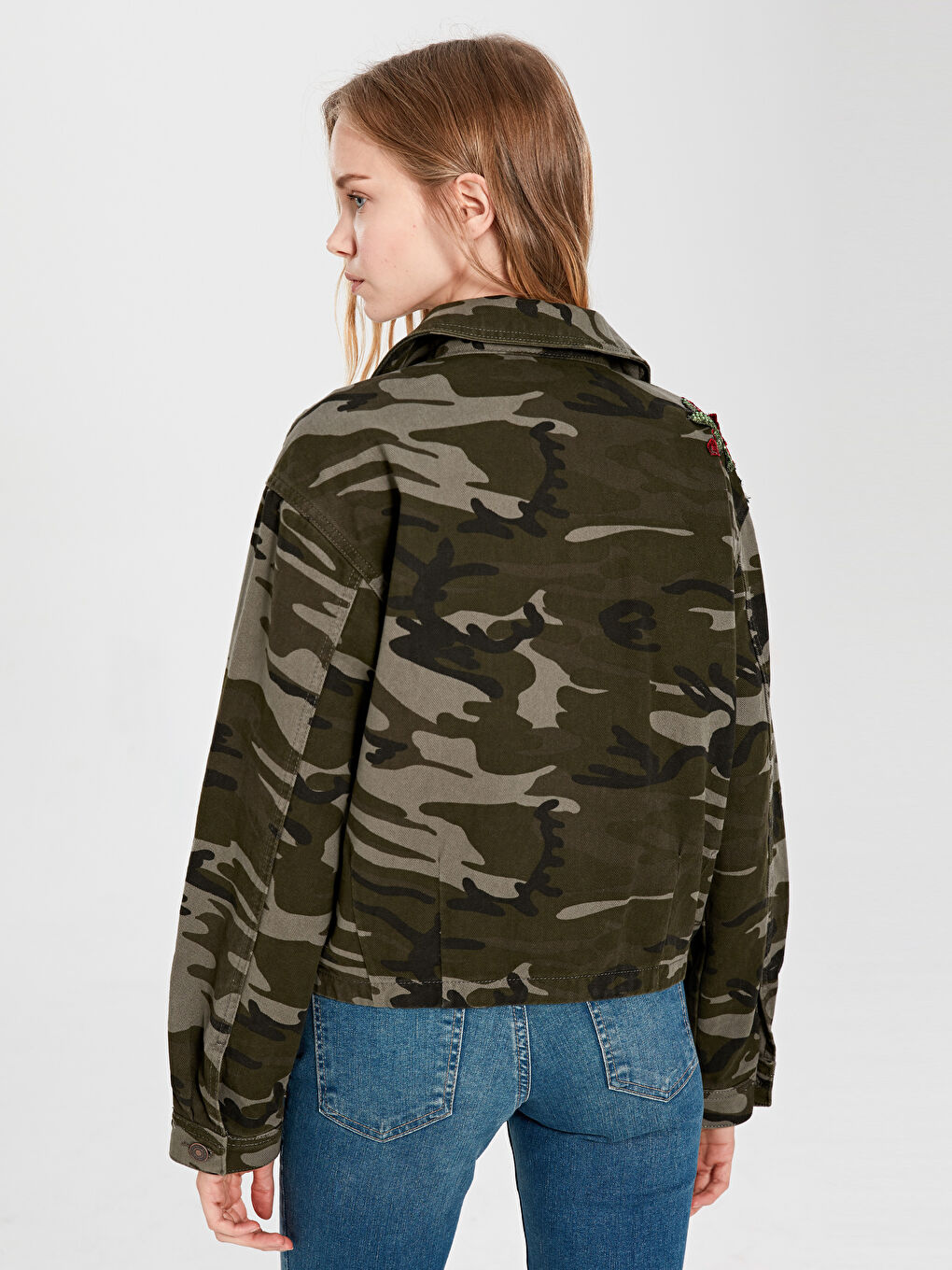 Haki Standart Fit Uzun Kollu Kadın Jean Ceket-3