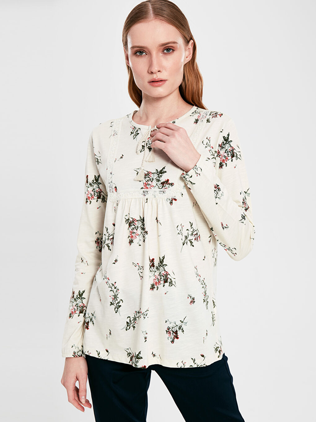 قمصان قطنية بأكمام طويلة بنقشة زهور-1