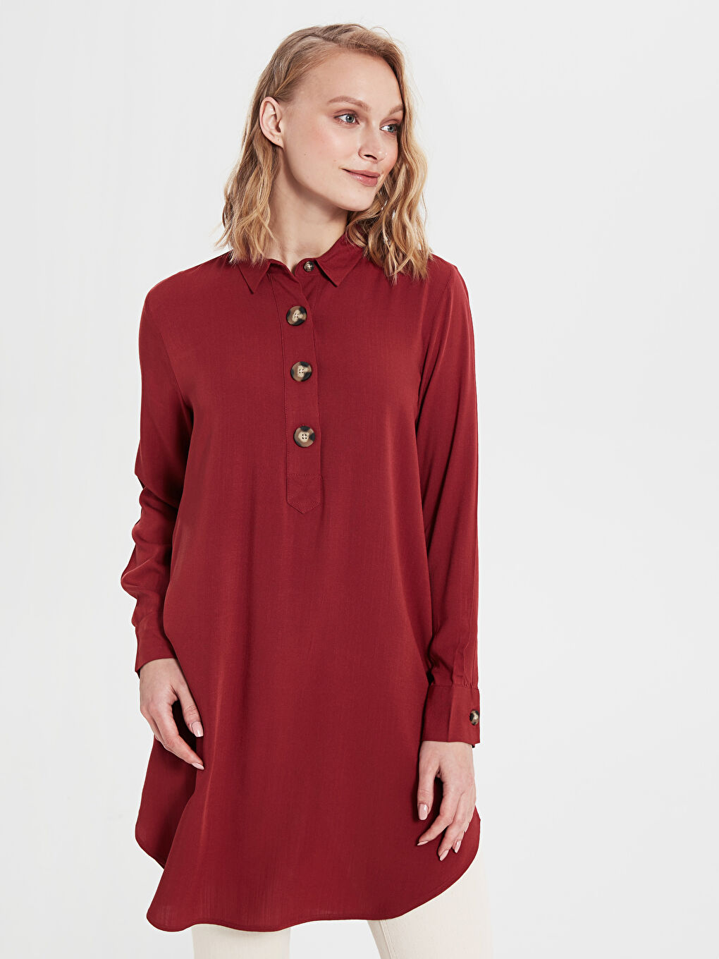 Viscose Women's Long Sleeve Tunic Buttoned Collar-1