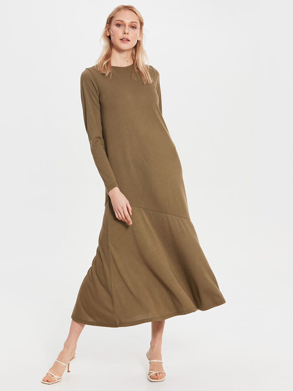 Haki Bisiklet Yaka Düz Uzun Kollu A Kesim Kadın Elbise