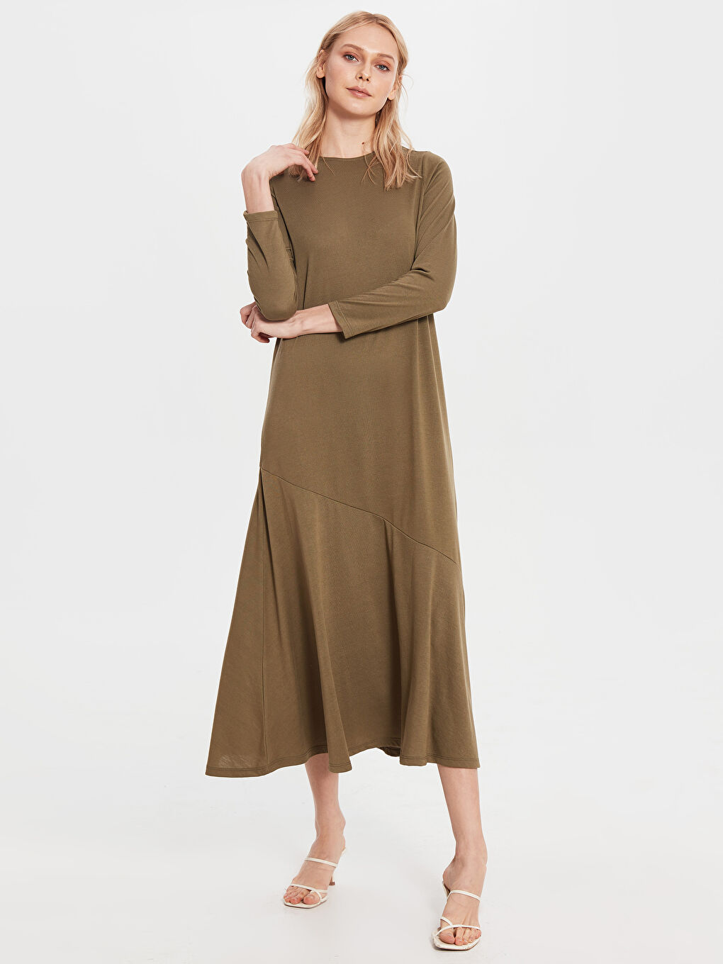 Haki Bisiklet Yaka Düz Uzun Kollu A Kesim Kadın Elbise-1