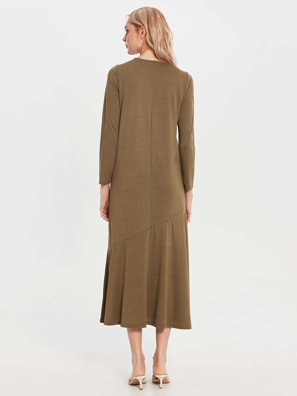 Haki Bisiklet Yaka Düz Uzun Kollu A Kesim Kadın Elbise-2