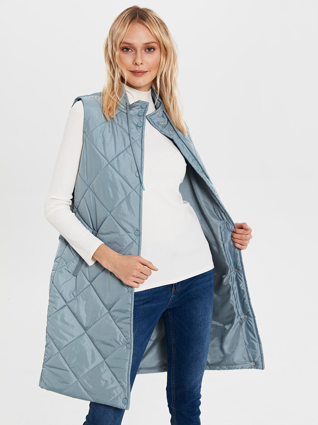 Mavi Dik Yaka Kendinden Desenli Cep Detaylı Kadın Yelek-2