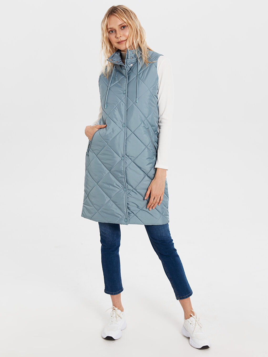 Mavi Dik Yaka Kendinden Desenli Cep Detaylı Kadın Yelek-3