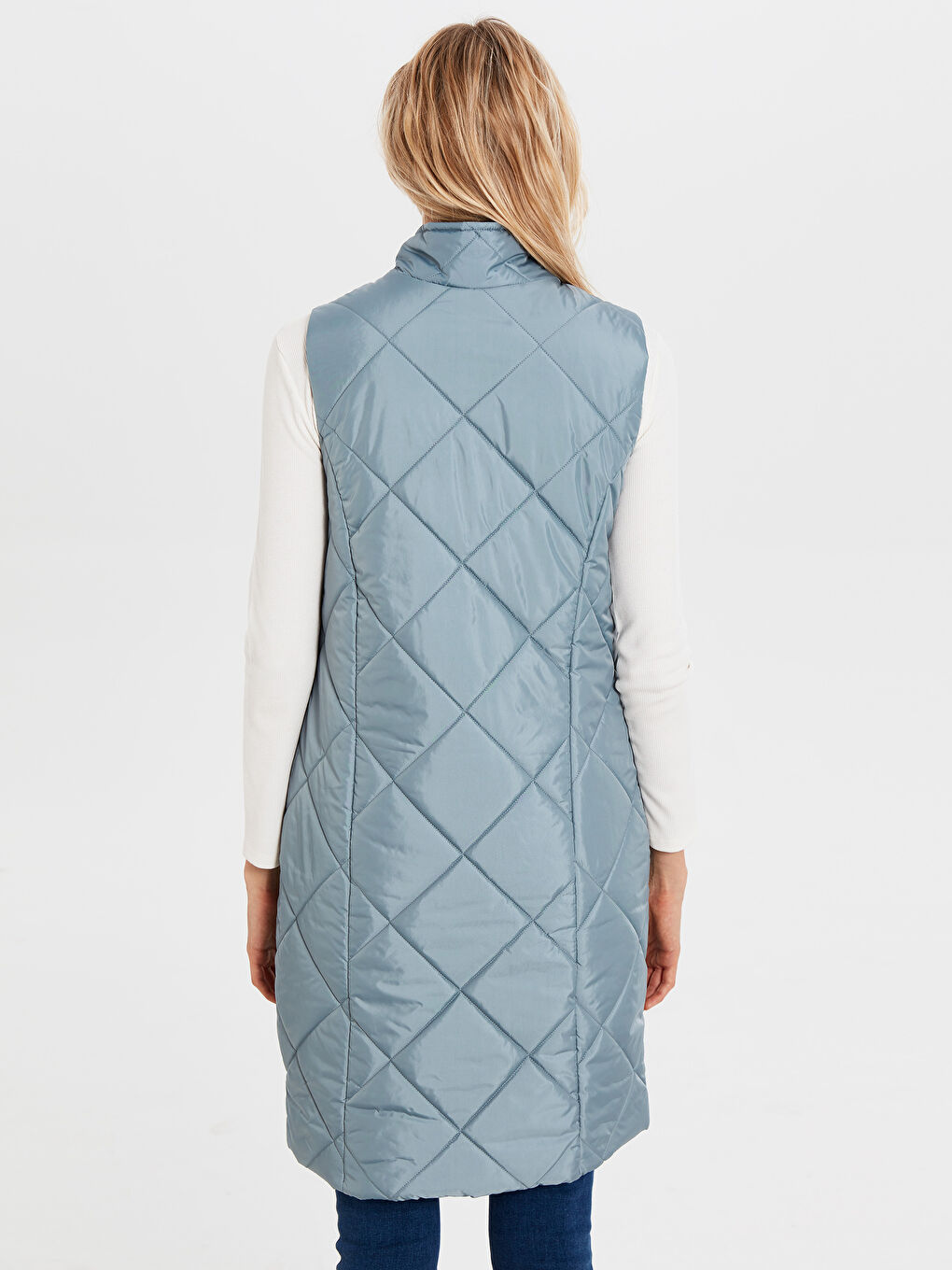 Mavi Dik Yaka Kendinden Desenli Cep Detaylı Kadın Yelek-4