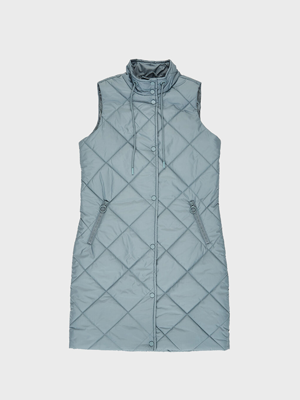 Mavi Dik Yaka Kendinden Desenli Cep Detaylı Kadın Yelek-1