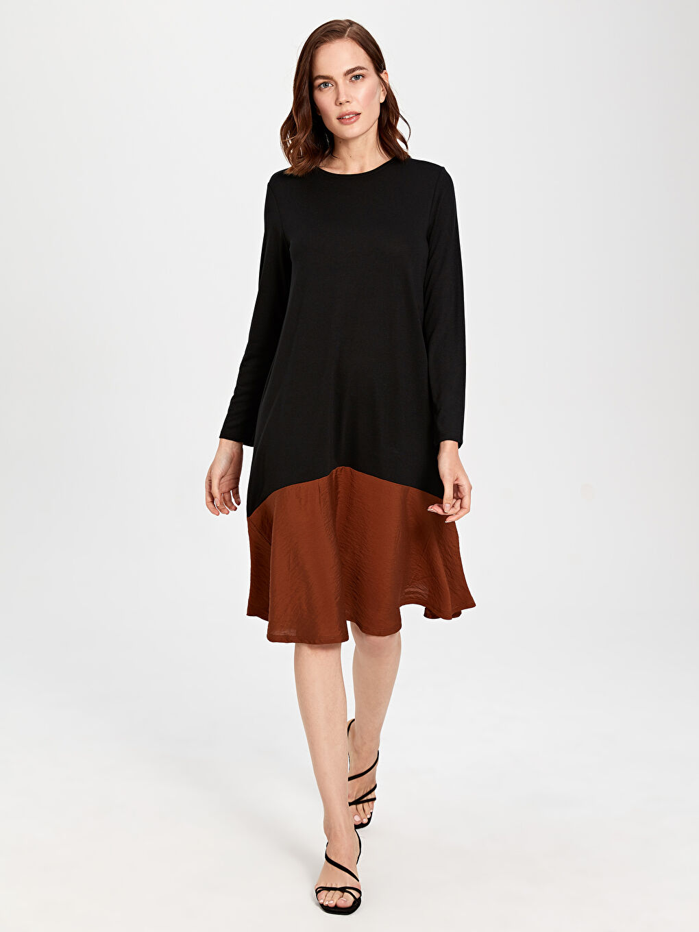 فستان قطن ممشط كم طويل عادي للسيدات