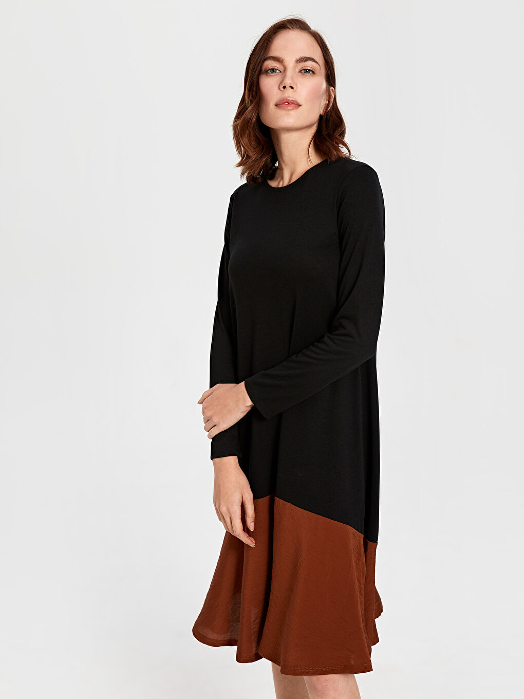 فستان قطن ممشط كم طويل عادي للسيدات-1