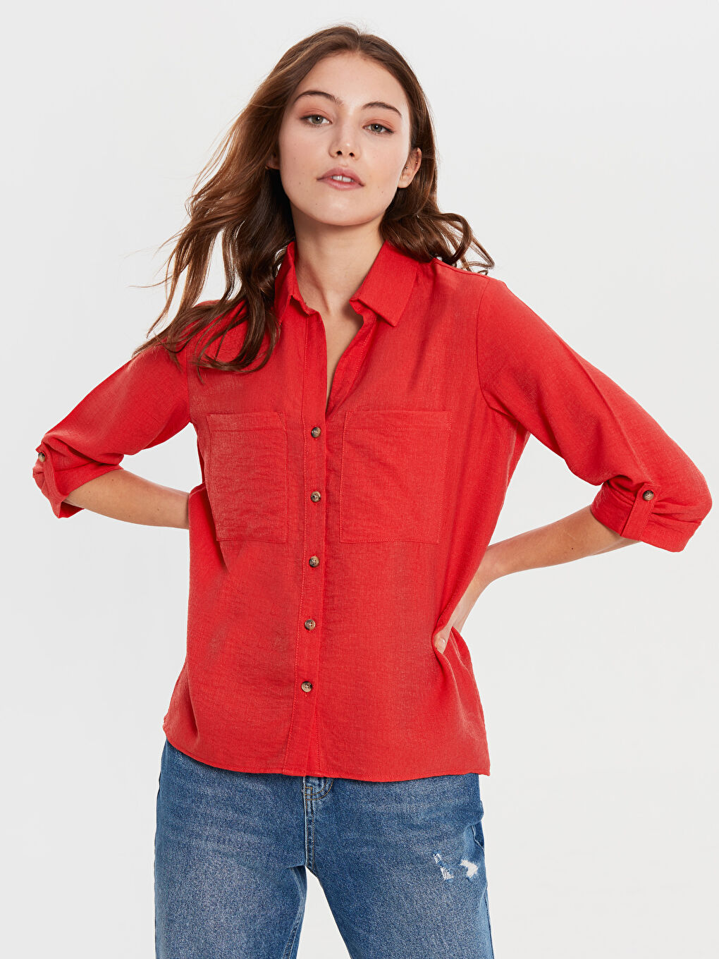 Kırmızı Standart Fit Uzun Kollu Poplin Kadın Gömlek