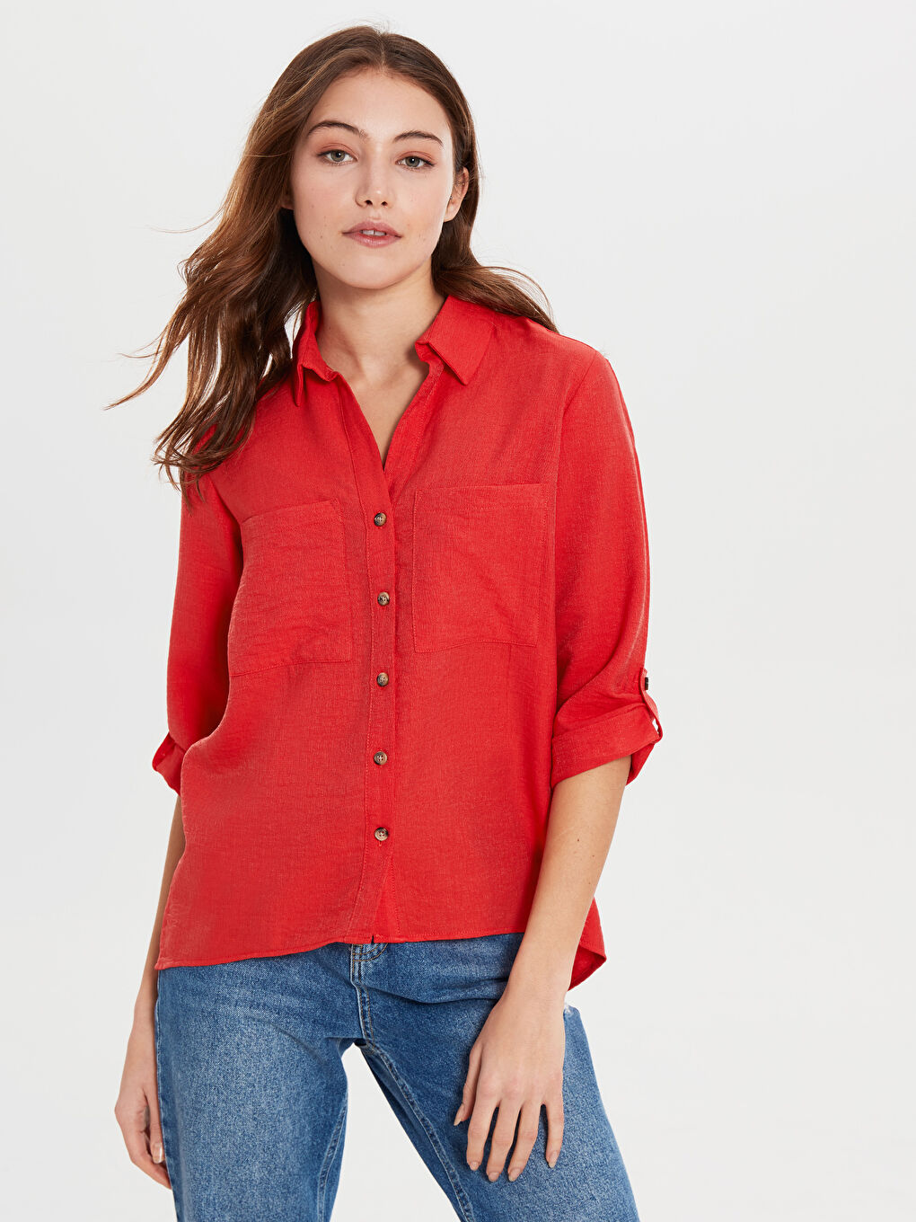 Kırmızı Standart Fit Uzun Kollu Poplin Kadın Gömlek-1
