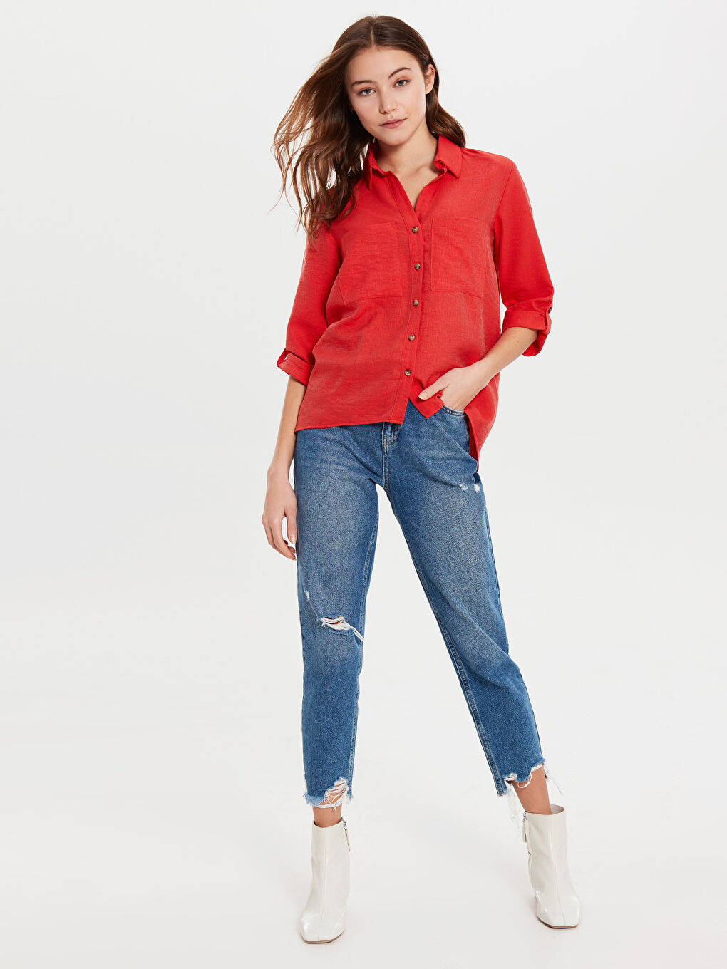 Kırmızı Standart Fit Uzun Kollu Poplin Kadın Gömlek-2