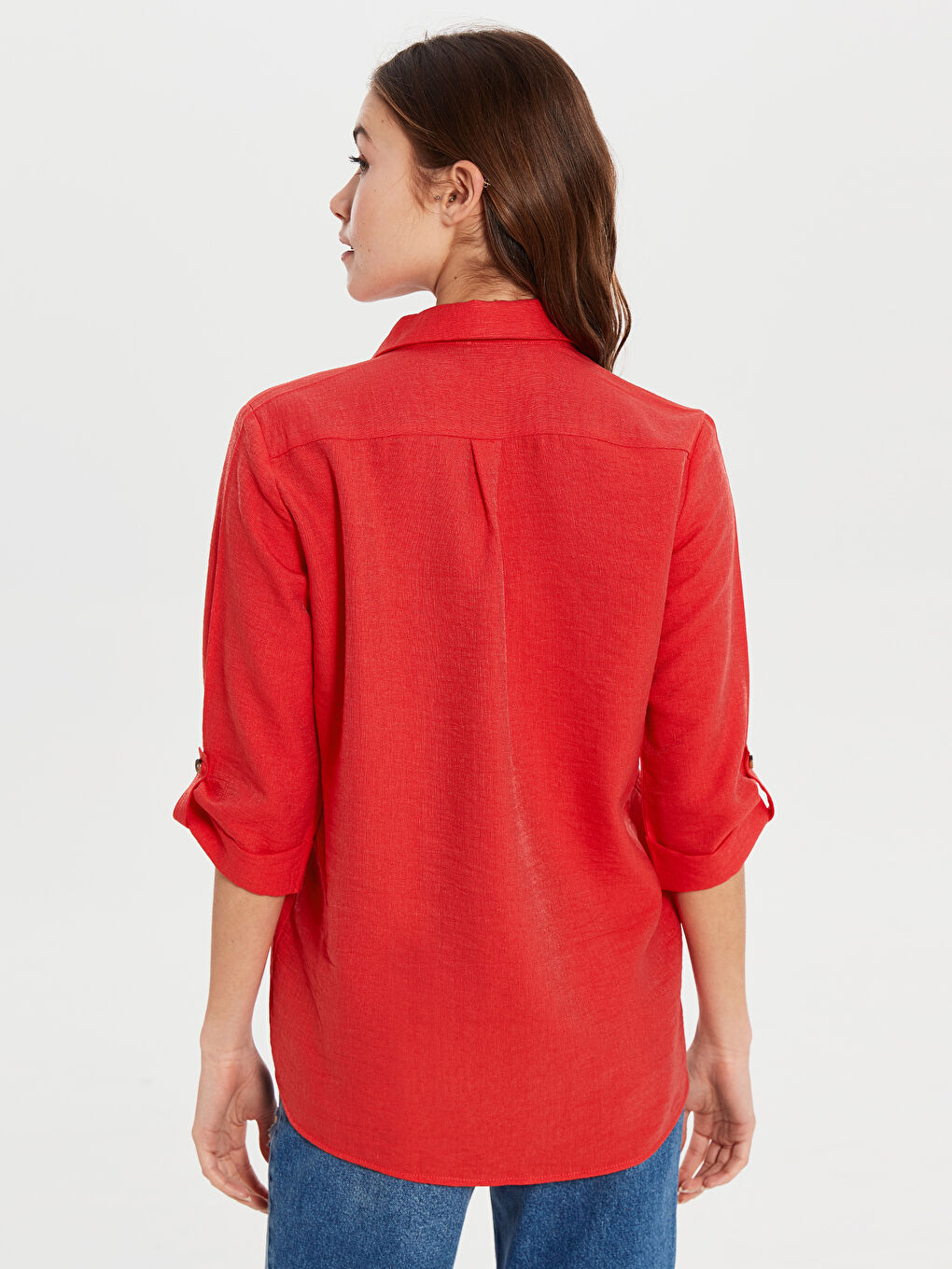 Kırmızı Standart Fit Uzun Kollu Poplin Kadın Gömlek-3