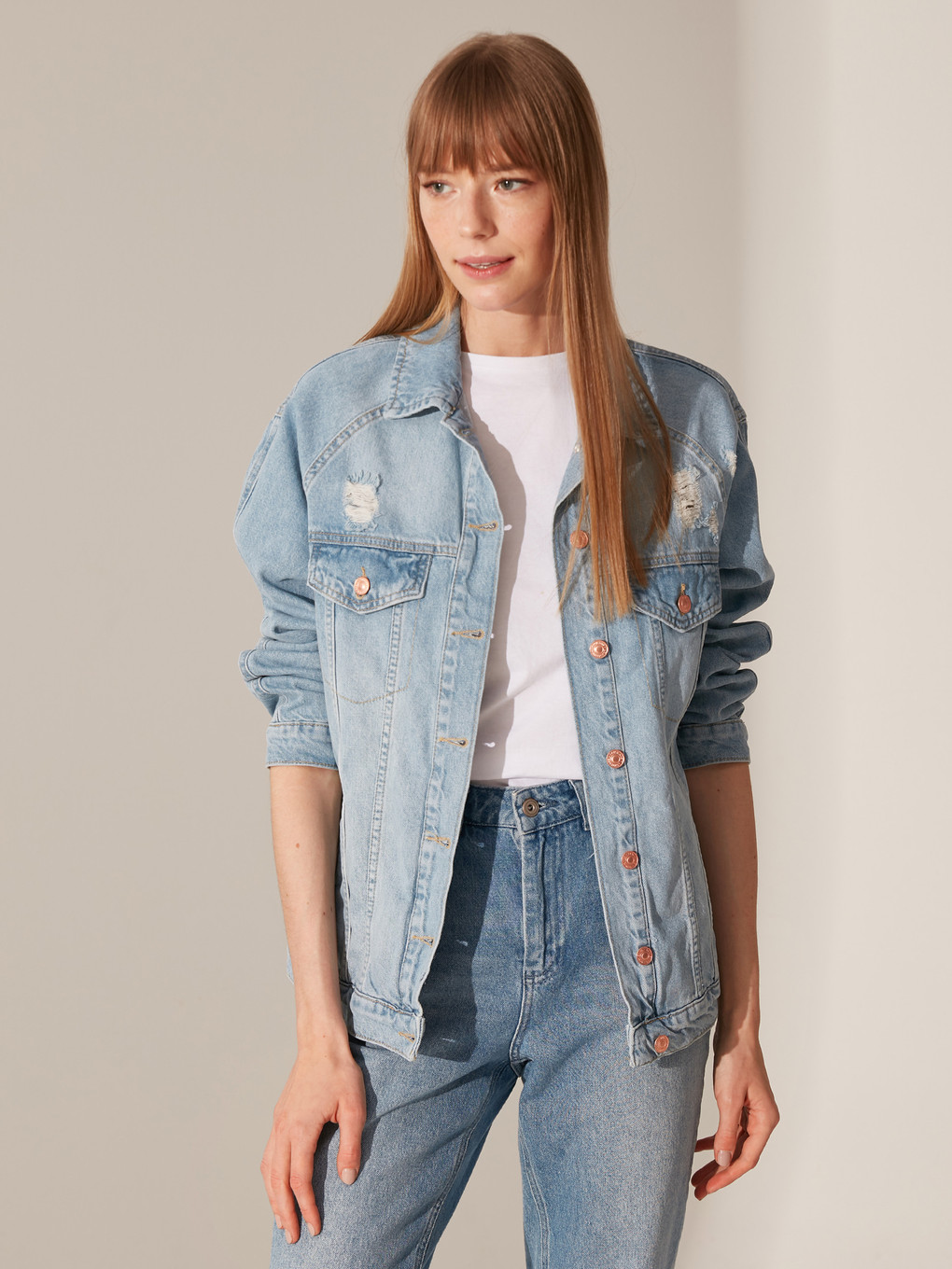 İndigo Oversize Uzun Kollu Kadın Jean Ceket-1