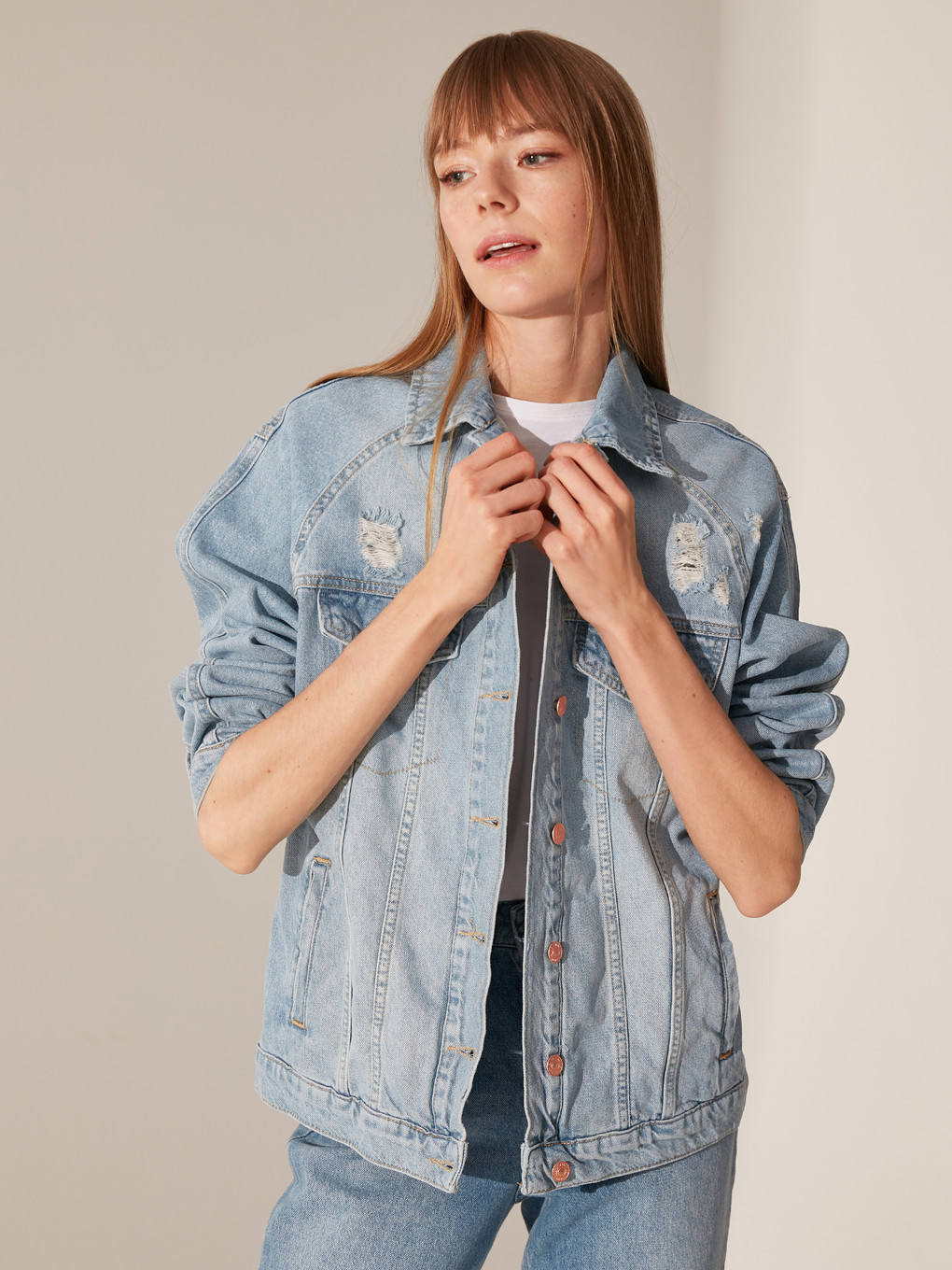 İndigo Oversize Uzun Kollu Kadın Jean Ceket-2