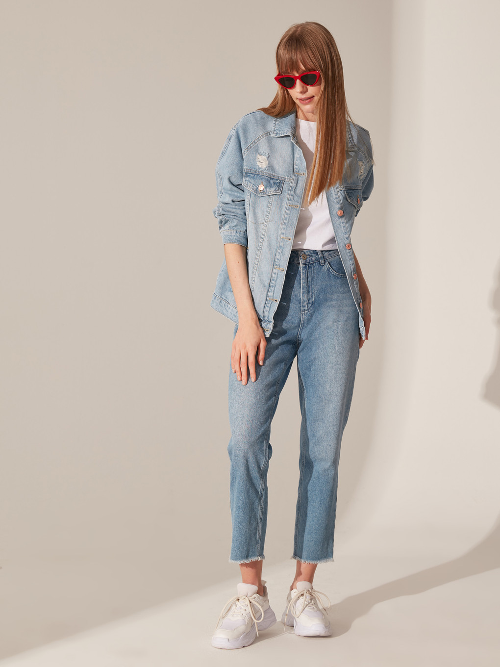İndigo Oversize Uzun Kollu Kadın Jean Ceket-3