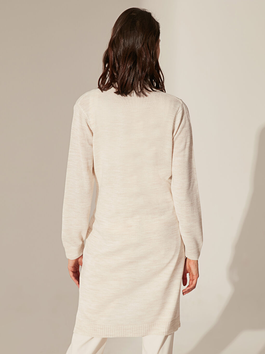 Bej Şal Yaka Düz Uzun Kollu Kadın Triko Hırka-3