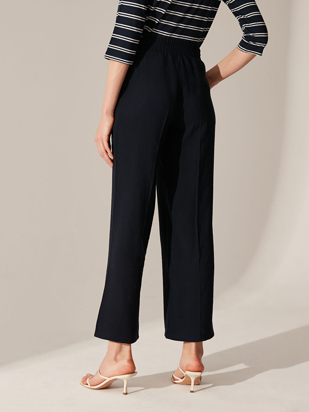 Lacivert Beli Lastikli Geniş Paça Pantolon-5